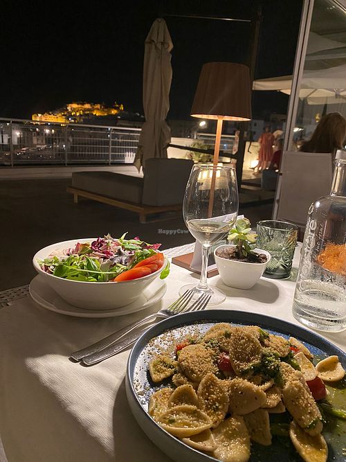 Dinner with a view to ostuni on the hill. Vegan pasta dish (I can’t remember the name but it had broccoli, garlic, tomatoes and was delicious!)   at Attico Rooftop 225 in Ostuni