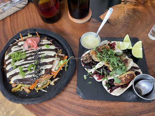 Okonomiyaki (left) and Jamaican tacos (right) 👌👌  at Agni Vital Kitchen in Bacalar