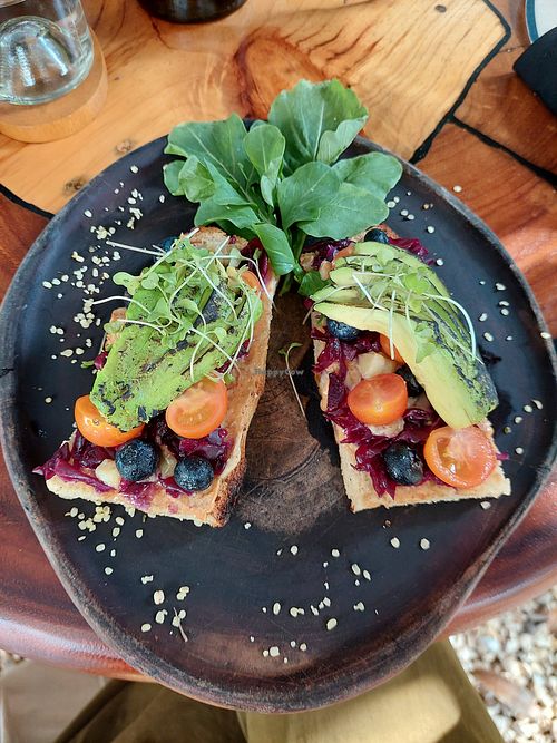 Avocado toast 185 pesos at Agni Vital Kitchen in Bacalar