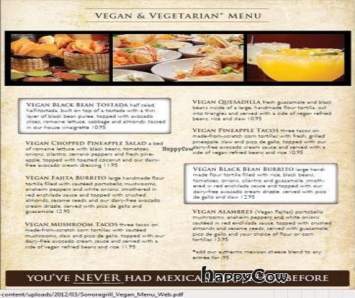 Sonora Restaurant Vegan Menu at Sonora Grill in Ogden