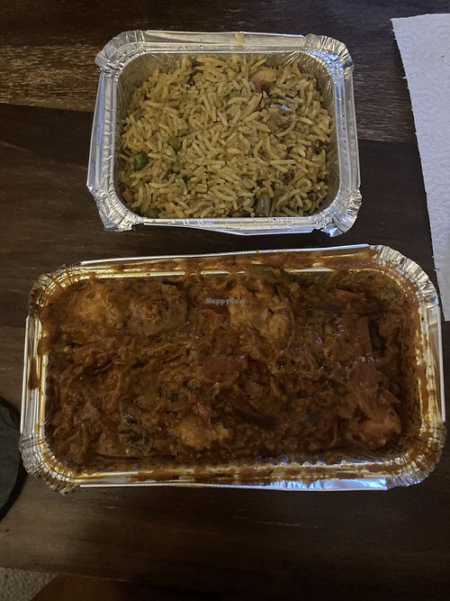 Vegan & gf bhuna + vegan and gf veggie biryani rice   at Namaste Village Cambridge in Cambridge