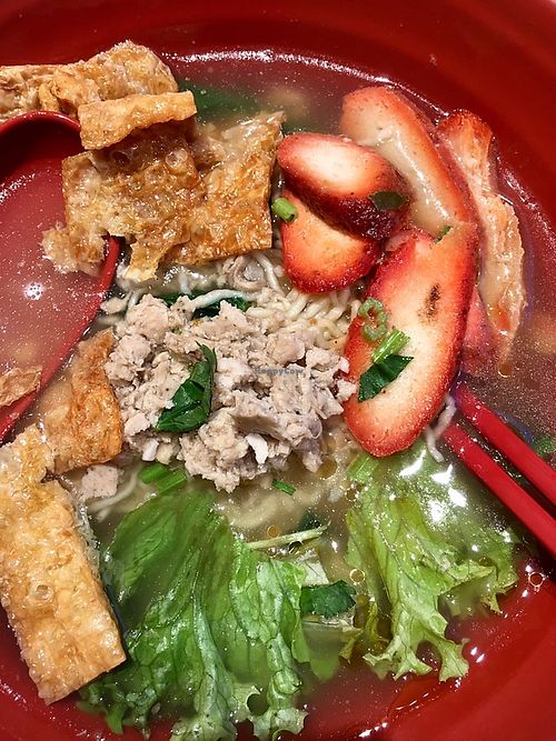 Kang su noodle soup with minced mock meat, mock BBQ pork and bean curd at Kang Su Vegetarian 康素 - Orchard in Central Singapore