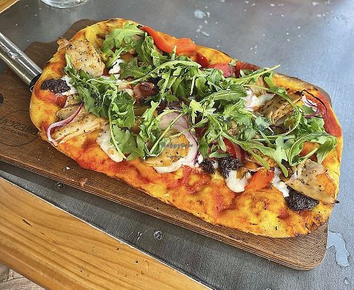 Vegan pizza using “chicken” Heura  at Bresca in Santiago De Compostela