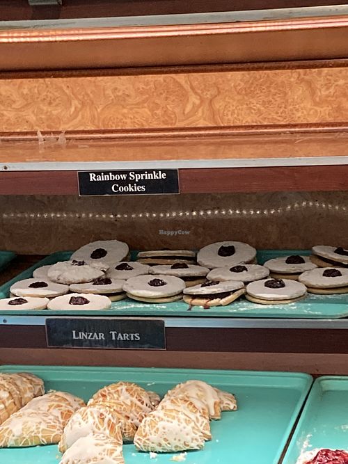 Vegan linzer tarts and rainbow sprinkle cookies  at Alpine Pastry Shop in Smithtown