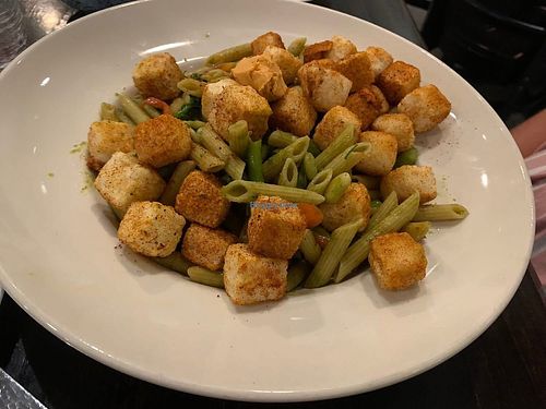 High protein pasta with tofu, broccolini, peppers and medley of sauces marinara, chimichurri, and romesco.   at Down Island Gulf Seafood Restaurant in Santa Rosa Beach