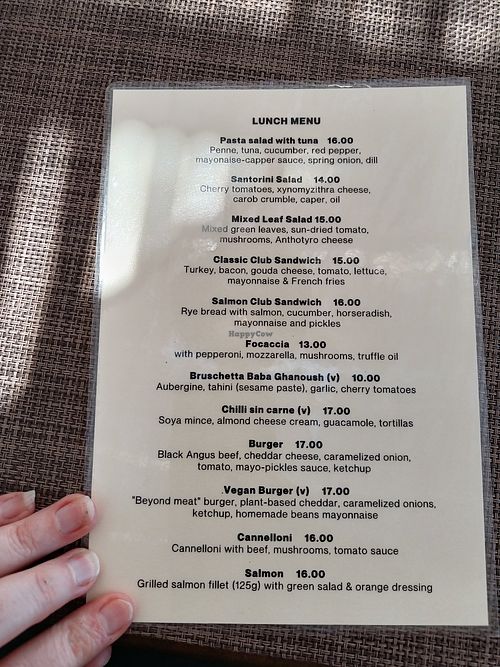 Vegan options marked (v) at Tramonto in Oia