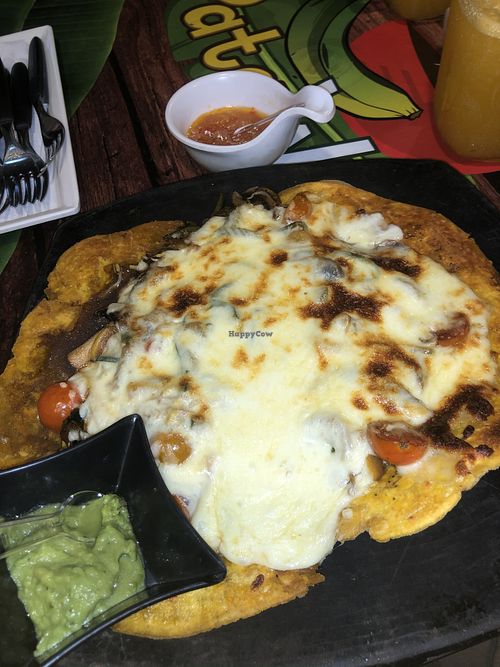 Patacón vegano con queso gratinado(vegano) y verduras varias.  at PataWok in Melgar