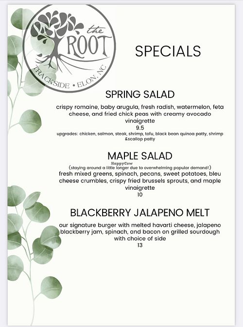 Menu at The Root Trackside in Elon