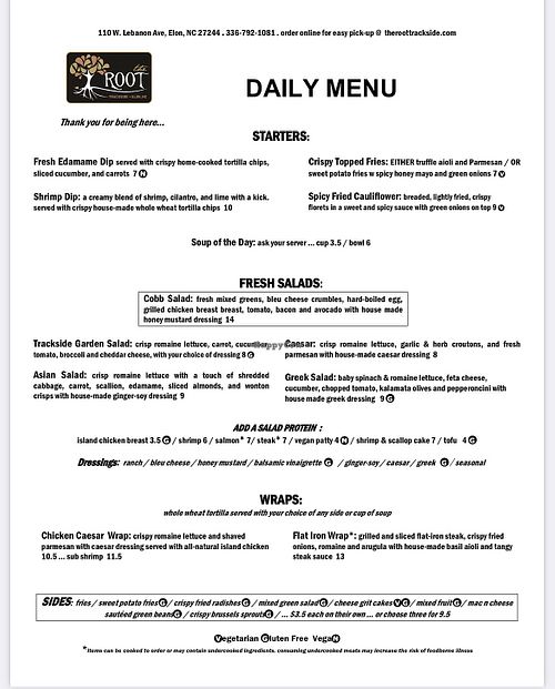 Menu at The Root Trackside in Elon
