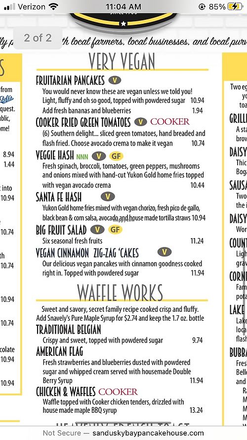 Vegan section on menu at Sandusky Bay Pancake House in Sandusky