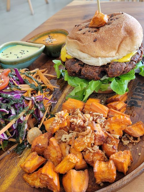 Pure burger - look nice but the patty was charred over cooked at Pure Vegan Heaven - Thong Sala in Koh Phangan