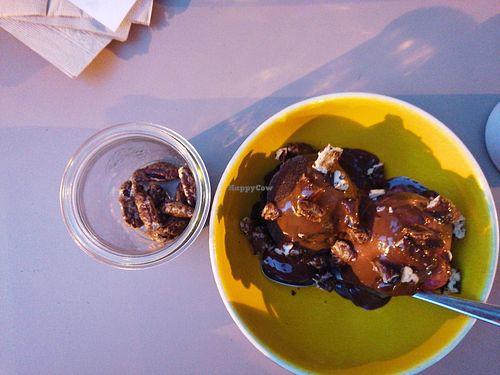 Sorbet chocolade en aardbei met saus en gekarameliseerde pecan at La Fabrique Givrée in Uzes