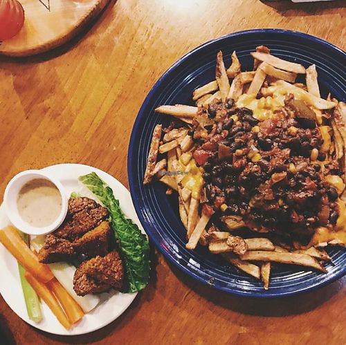 chickpea nuggets and chili cheese fries at Rosetta's Kitchen in Asheville