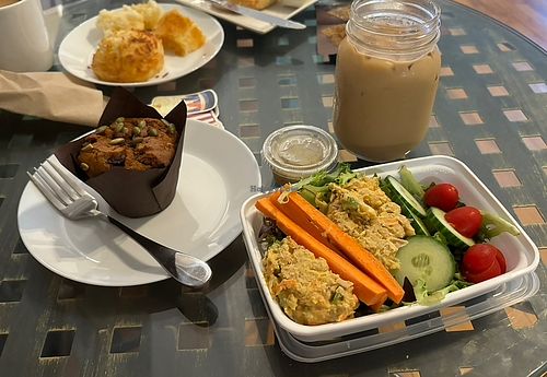 Ignore my moms non vegan food across the table.  at Honeybeans Coffee Tea & Treats in St Andrews