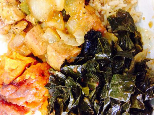Collards, tofu teriyaki and spiced sweet potatoes  at Sweet and Natural in Mount Rainier