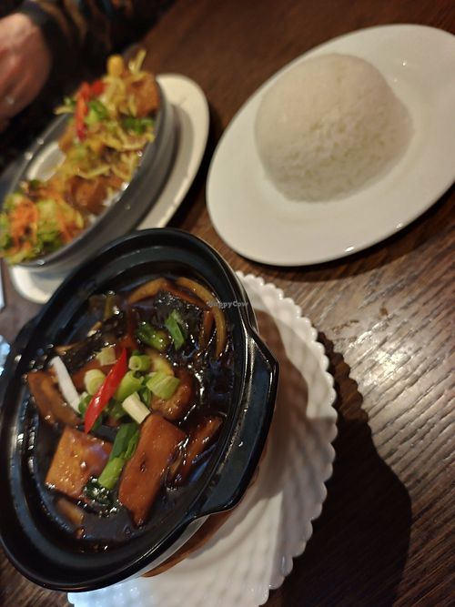 Lemon grass and chilli tofu, caramelised green banana and 'fish' hot pot at Non Viet Vegan in Edinburgh