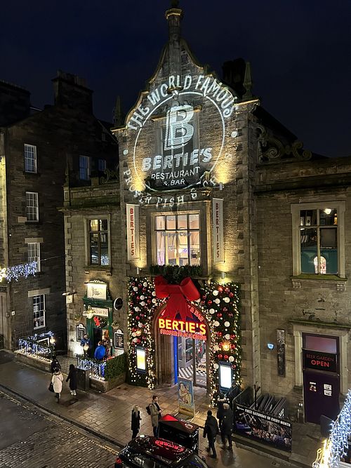 A very festive exterior Nov 23  at Bertie's Proper Fish & Chips in Edinburgh