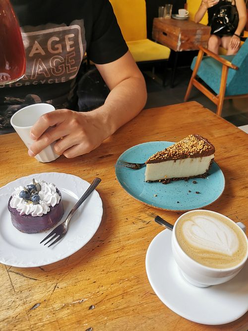 Snickers cake and cheesecake monoportion with black lilac. at Fukafe in Gdansk