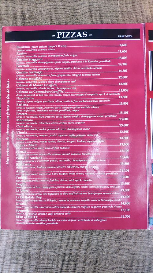 Pizza menu at Le Moulin Des Saveurs in Argentan