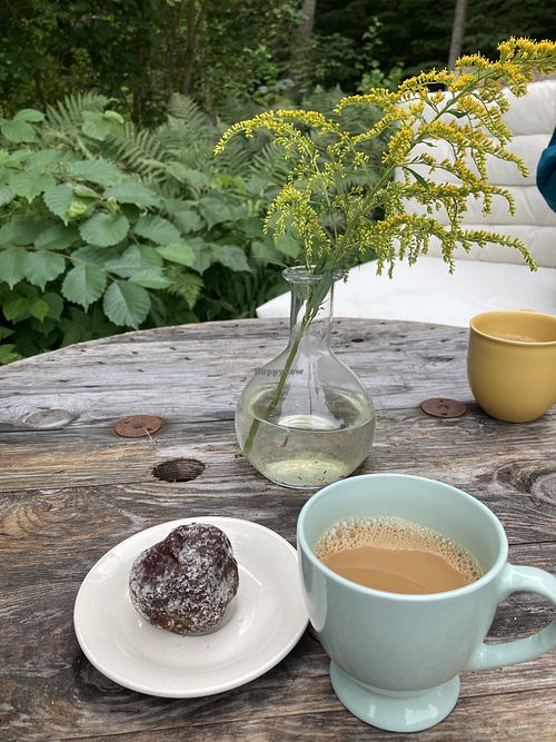 vegan energy ball and oat milk coffee  at Falkeröd Café & Ladan in Grebbestad