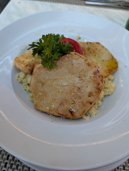 Sellerieschnitzel mit Couscous ohne Butter at Borcsa Étterem in Balatonfuered