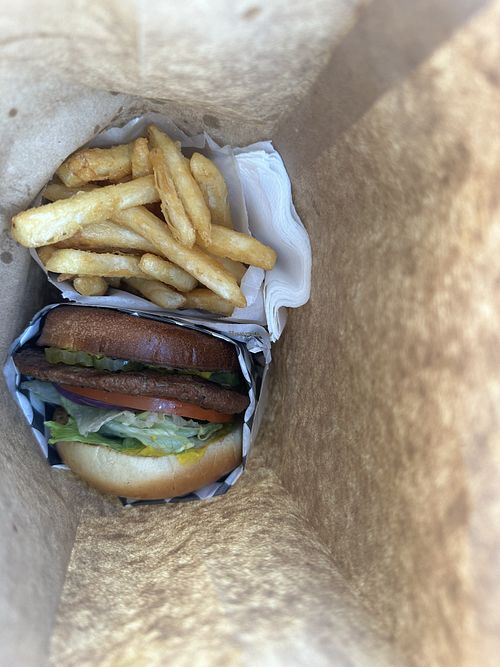 Impossible Burger (modified) + Fries to go   at Burger Rush in Tempe