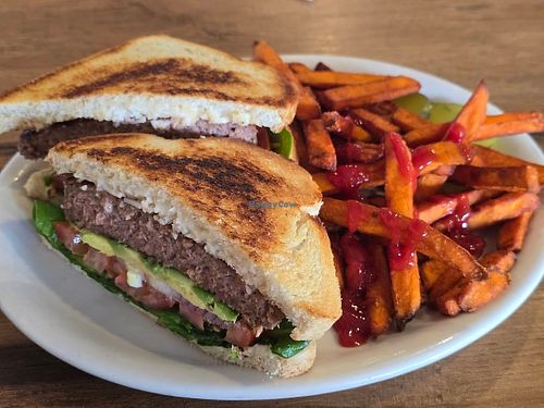 Vegan super burger with sweet potato fries at Nancy's in Ardara