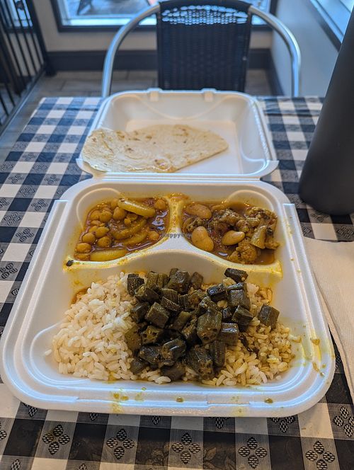 Chickpea potato, cauliflower/potato/butter beans, okra at Sree's Food - Downtown in Pittsburgh