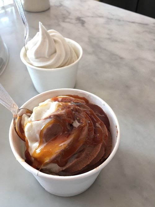 vegan soft serve topped with caramel sauce at Erin McKenna's Bakery in Los Angeles