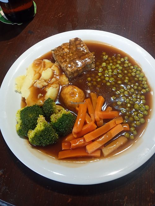 Veg, onion gravy, stuffing. Sauces available. This is the vegan one - vegetarian has a Yorkshire pudding. Decent! But I'd recommend the pub as a music one, not primarily for food. at The Black Bull in Gateshead