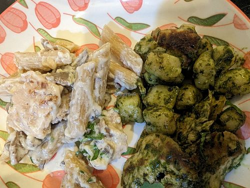 Creamy mushroom penne with Italian sausage and gnocchi pesto with chicken at Vegano in Bangkok