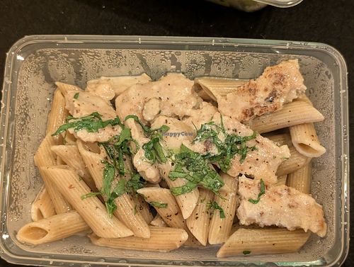 Vegan chicken and cream pasta at Vegano in Bangkok