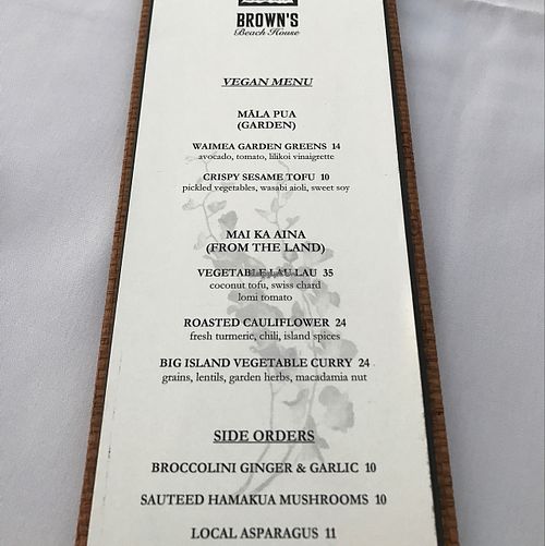 menu at Brown's Beach House in Kohala Coast