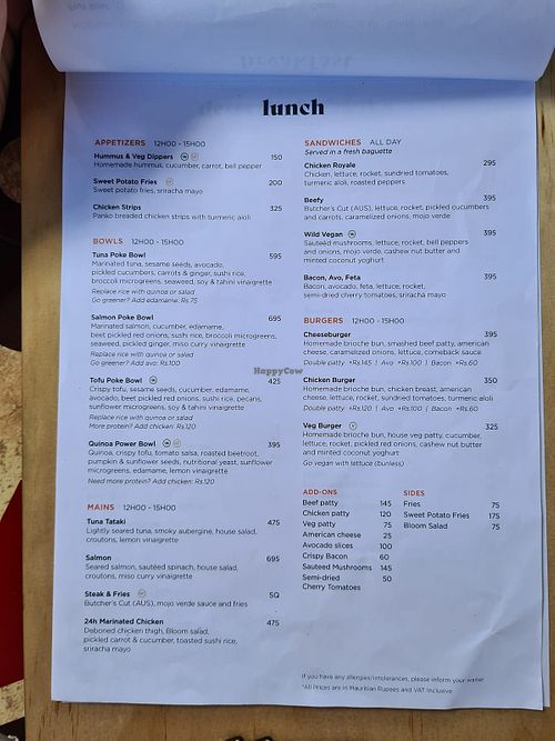 lunch menu   at Bloom in Grand Baie