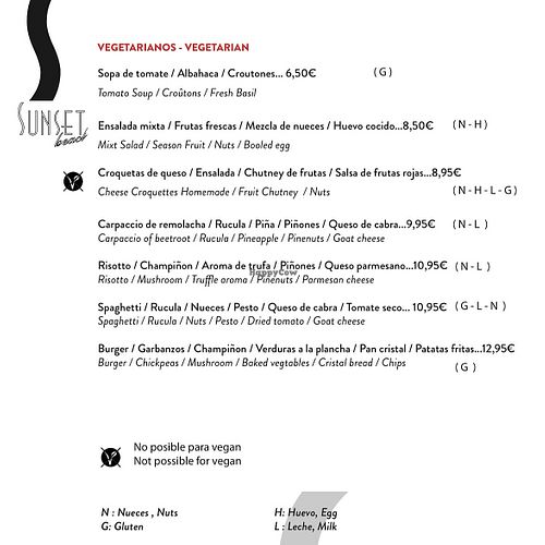 Menu  at Restaurant Sunset Beach in Alicante