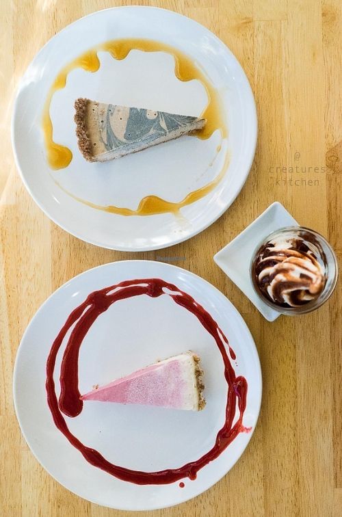 Raw cappuccino tart, berry tart, and soy iced cream with chocolate sauce.  at Raw8 Cafe in Osaka