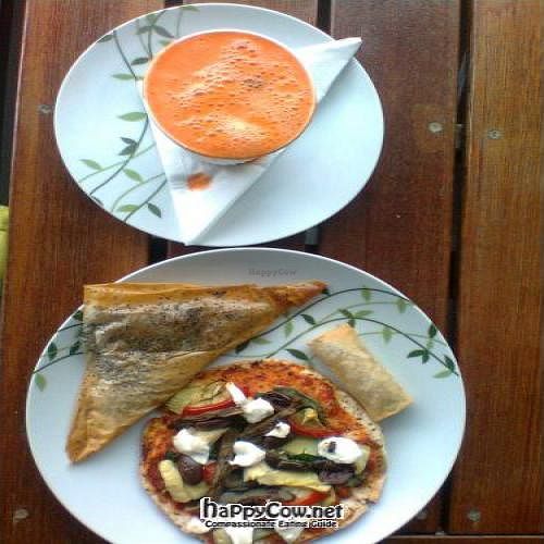 All vegan: mushroom triangle ($2.50), spring roll ($1), mini antipasto pizza ($6), and carrot-apple-ginger juice ($4) at Vegelicious in Moonah