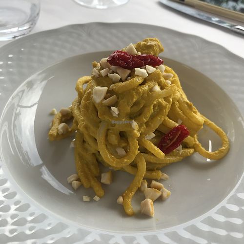 Tonnarelli with pesto of zucchini blossom  at Agrolago in Trevignano Romano