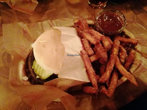 Vegan burger with sweet potato fries and BBQ sauce at Barrels Burgers & Beer in Stockholm