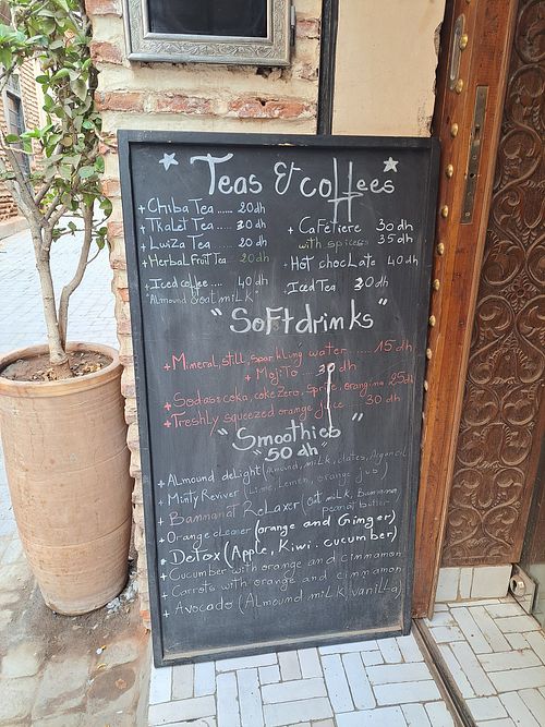 Drinks menu at World Storytelling Cafe in Marrakech