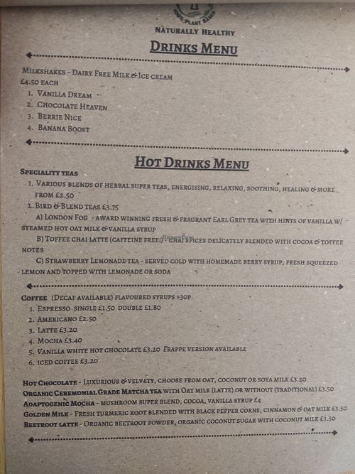 Menu 2 at Thrive in Glossop