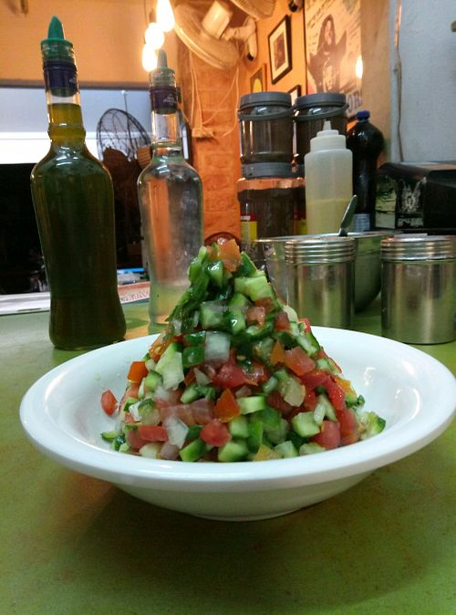 fresh salad at Abu Dhabi Hummus in Tel Aviv