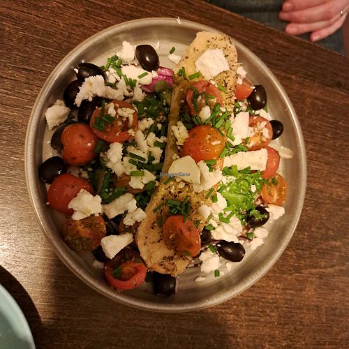 Feta & olive salad (vegan version) with focaccia at Duncans Bar & Bistro in Irvine