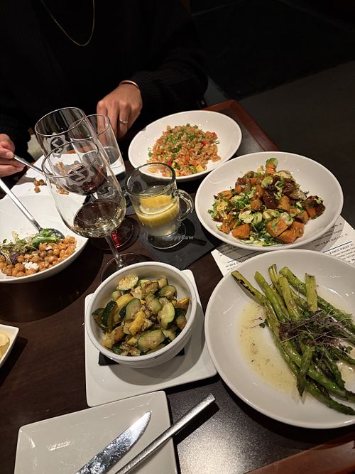 Crispy chickpeas with vegan feta (regular menu item, appetizer), squash & zucchini, asparagus, sweet potato mash, pineapple fried rice   at ZEST bar+grille in Bethlehem