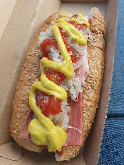 Vegan maple bacon sausage, sauerkraut, plant based bacon at 5 Dogs in Loganlea