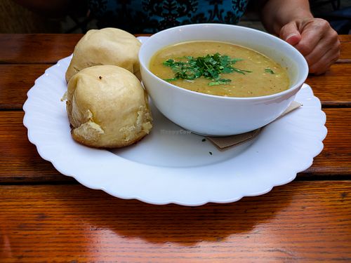 Potato Soup and Dampfnudel (dumplings) at Weinstube Eulenspiegel at Weinstube Eulenspiegel in Speyer