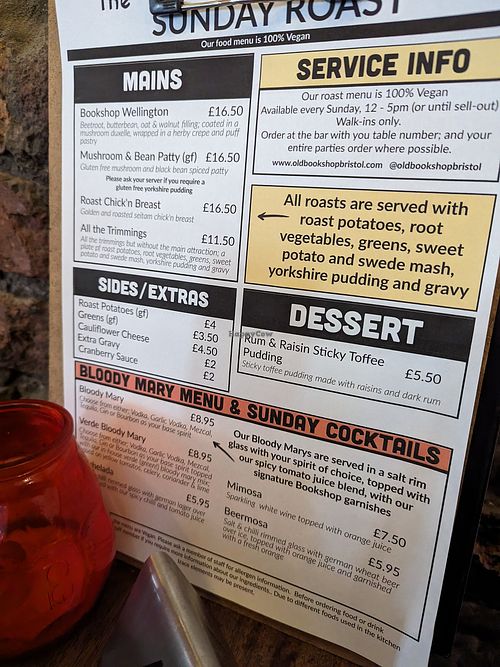 Sunday menu at The Old Bookshop in Bristol