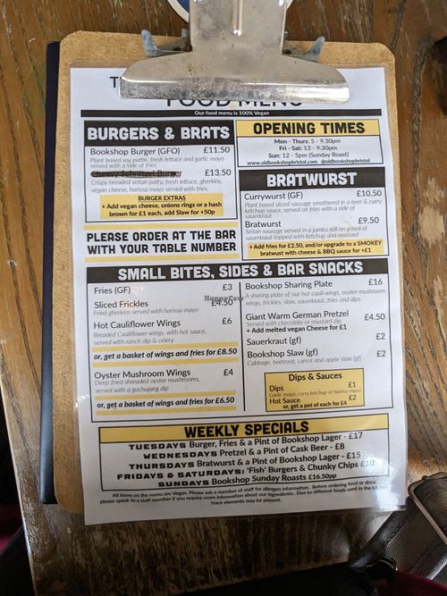 Weekday menu at The Old Bookshop in Bristol