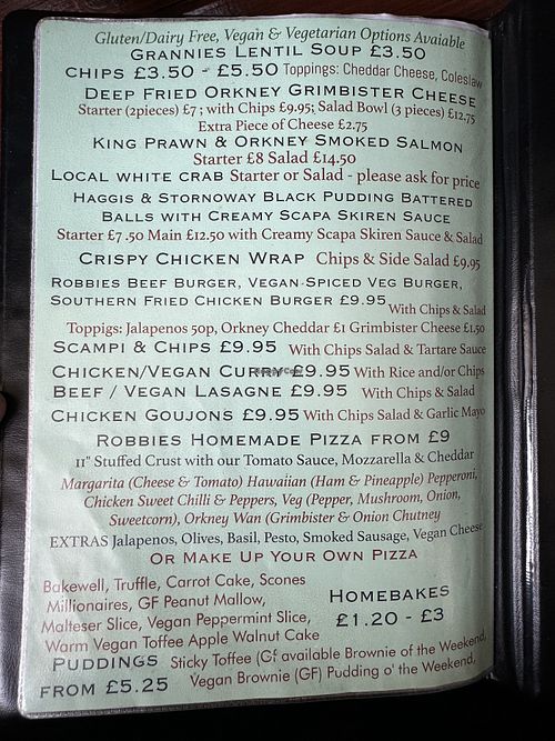 Menu with vegan options (summer 2024)  at Robertsons in Orkney Islands