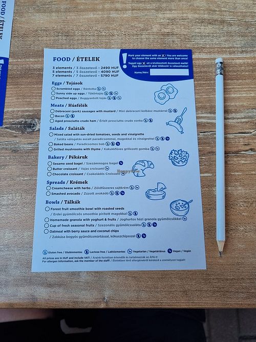 The menu, where you cross off what you want to eat! at Pantry Brunch & Coffee in Budapest